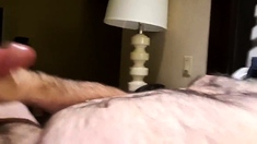 Jerking off in hotel. Big cum shot. Hairy Bear