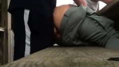 boy cumming in ass on a bench