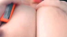 Busty curly brunette with big boobs fucks on couch