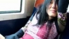 Asian milf masturbates pussy in the train