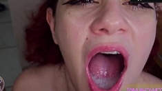 Redhead gives blowjob until she gulps cum