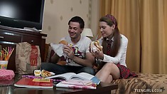 Slutty schoolgirl Mischa seduces her friend and has him roughly fucking her ass